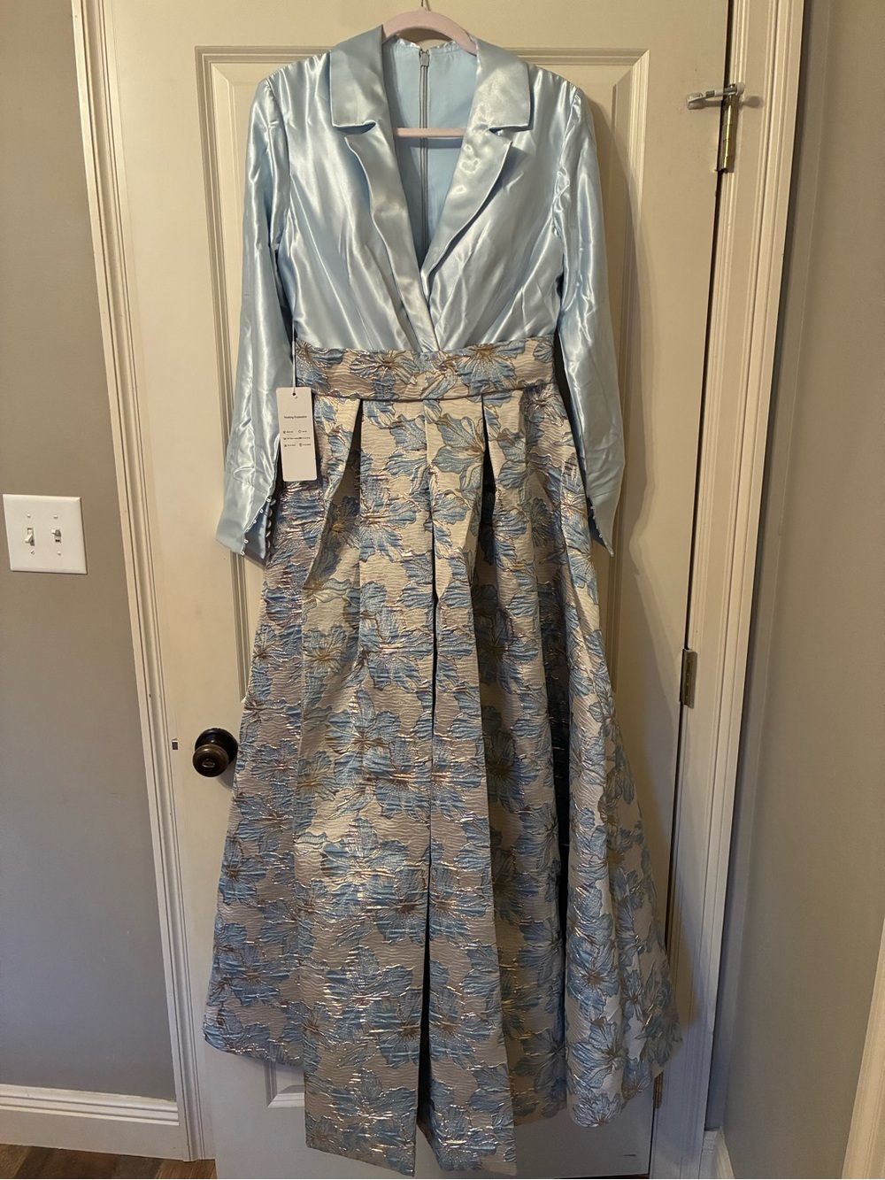 Elegant Light Blue Satin and Brocade Gown